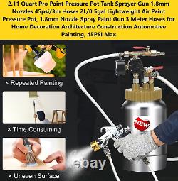 2.11 Quart Pro Paint Pressure Pot Tank Sprayer Gun 1.8mm Nozzles 45psi/3m Hoses